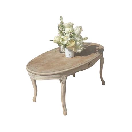 Oval Wooden Coffee Table for hire — rustic-elegant wedding lounge table rental South Africa