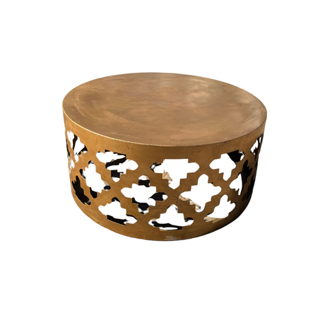 Olivia Gold Drum Coffee Table for hire — luxury wedding lounge table rental Johannesburg