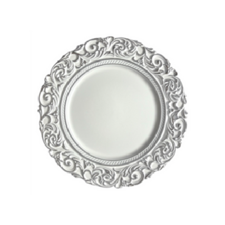 Silver Flower Charger Plate for hire — elegant wedding tableware rental Johannesburg
