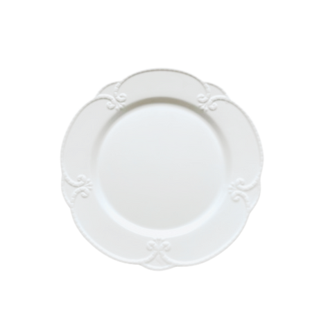 White Flower Dinner Plate for hire — floral wedding tableware rental Johannesburg