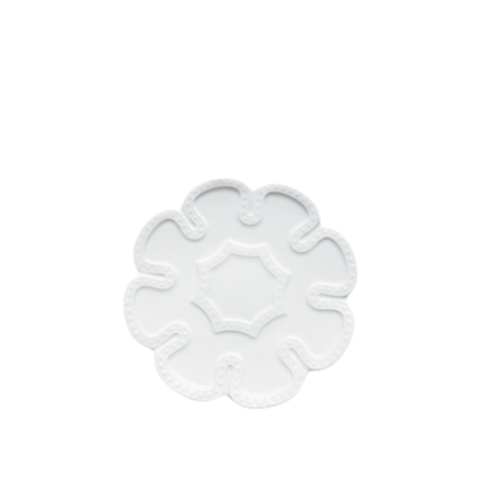 White Flower Side Plate for hire — floral wedding tableware rental South Africa