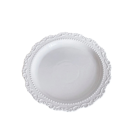White Vintage Flower Plate for hire — vintage floral wedding tableware rental Johannesburg
