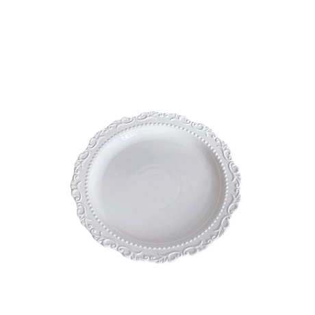 White Vintage Flower Side Plate for hire — vintage wedding tableware rental South Africa