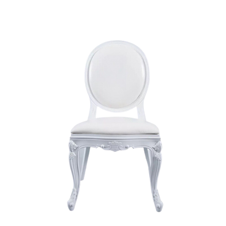 White Padded Louis Chair for hire — classic French wedding chair rental Johannesburg