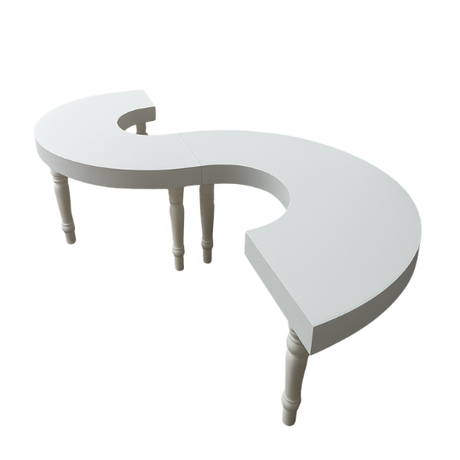 White S-Curve Luna Table for hire — sculptural wedding statement table rental Johannesburg