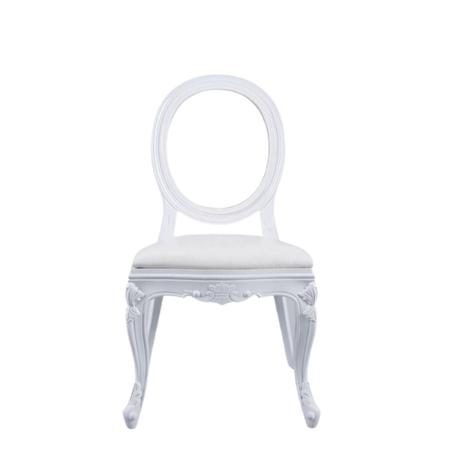 White Glass Louis Chair for hire — elegant glass-back wedding chair rental South Africa