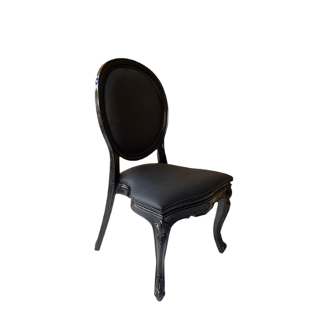 Black Padded Louis Chair for hire — dramatic black wedding chair rental Johannesburg