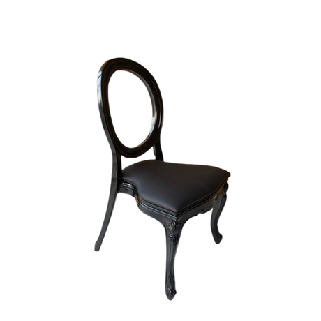 Black Glass Louis Chair for hire — modern black glass-back chair rental South Africa