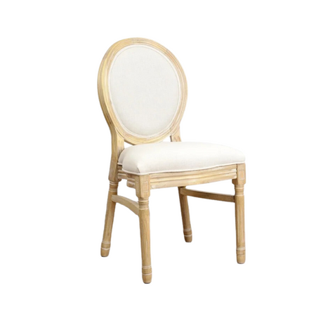 Wooden Padded Louis Chair for hire — natural wood wedding chair rental South Africa