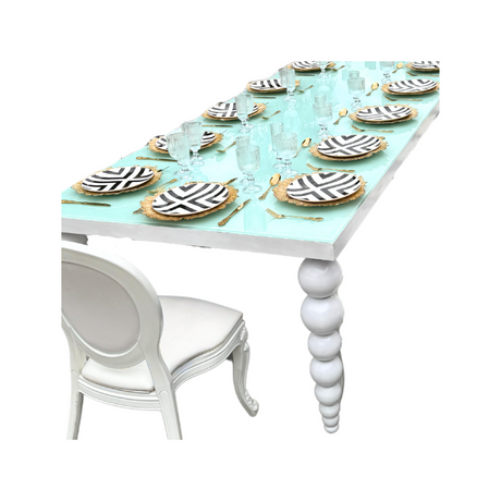 White Table with Glass Top for hire — elegant wedding table rental Johannesburg