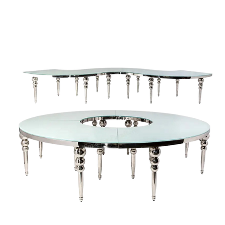 Silver S Table with Glass Top for hire — modular wedding main table rental Johannesburg