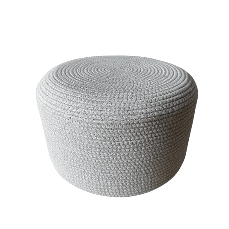 Light Grey Classic Round Ottoman for hire — neutral wedding ottoman rental Johannesburg
